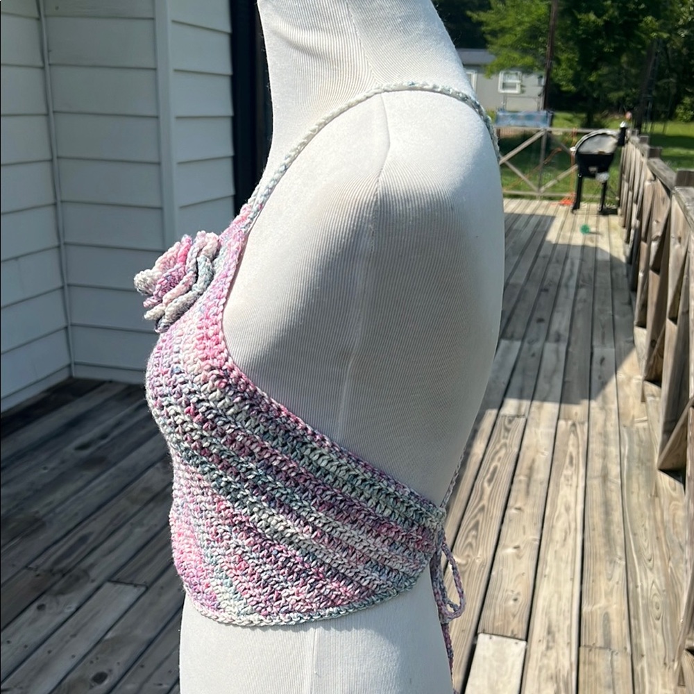 Handmade Crochet Halter Top - Pink and Grey - Picture 4 of 6